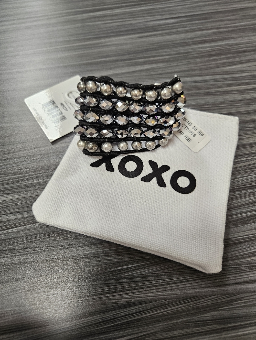 NWT Black and Silver Multi-Row Stretch Beaded Wrap Bracelet + XOXO Zip Pouch